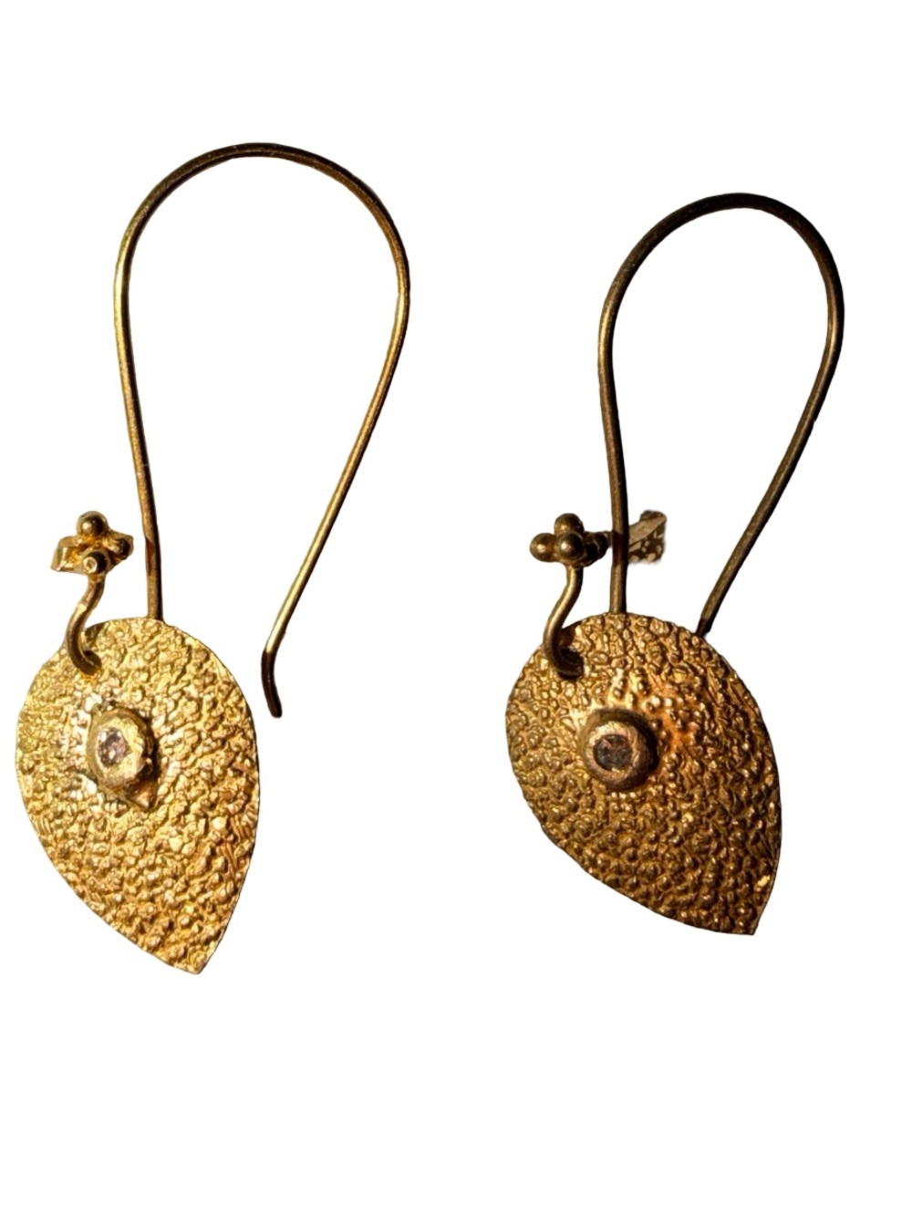 22kt fish hooks solid gold 18kt solid gold Textured Drop Earrings  w/diamonds